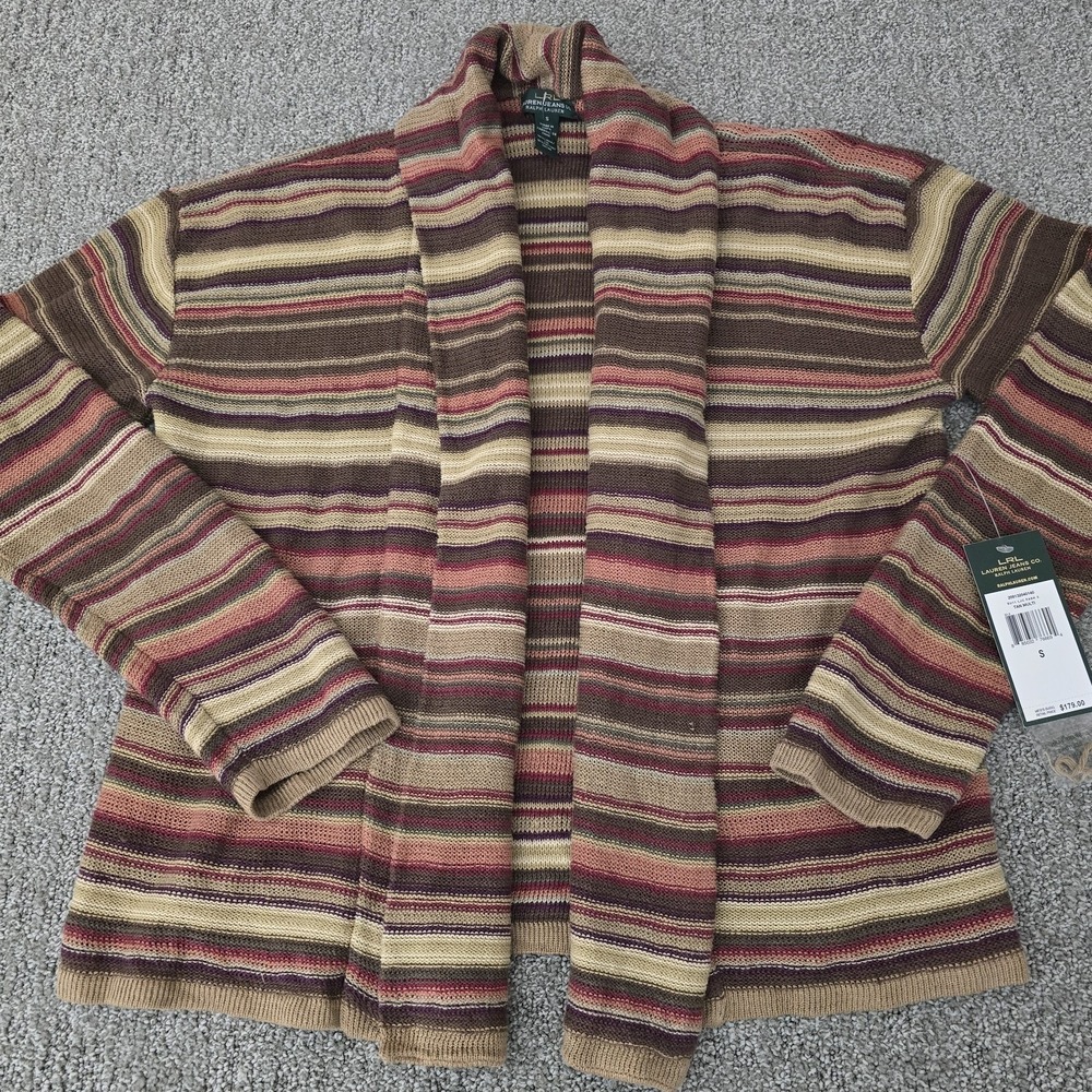 Vintage Lauren Ralph Lauren Linen Blend Cardigan Sweater Brown Stripe S NWT‎